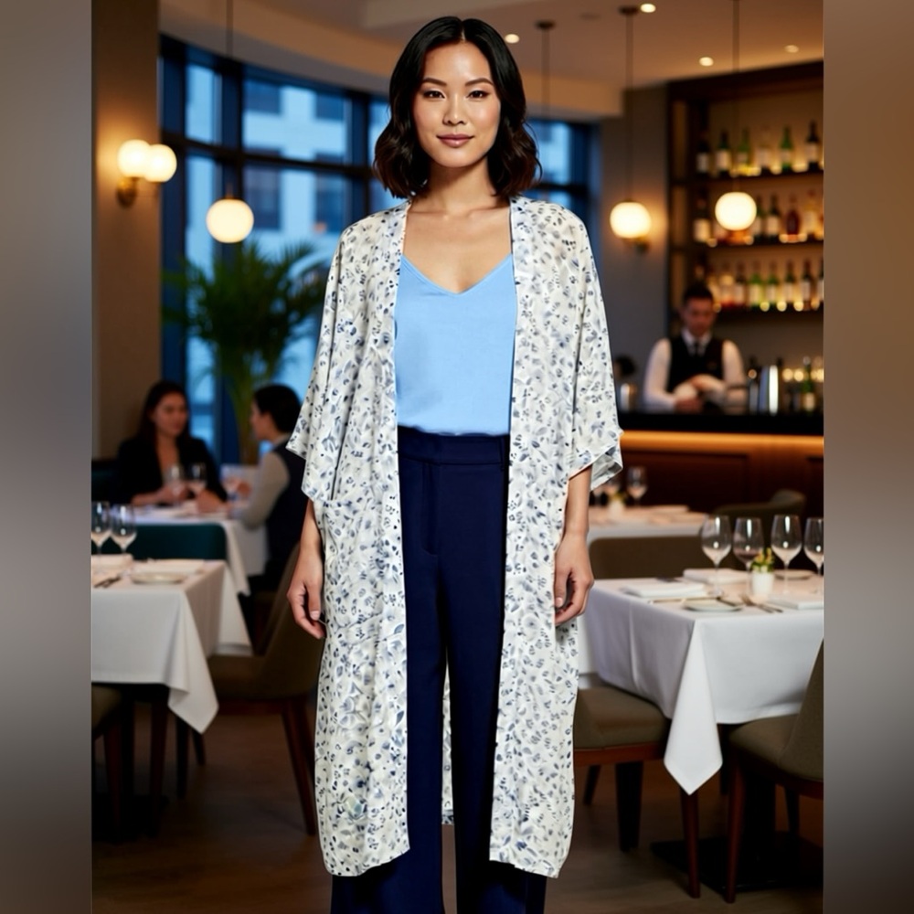 Designer Rachel Zoe Blue & White Floral Kimono One Size, With Pockets, NWT